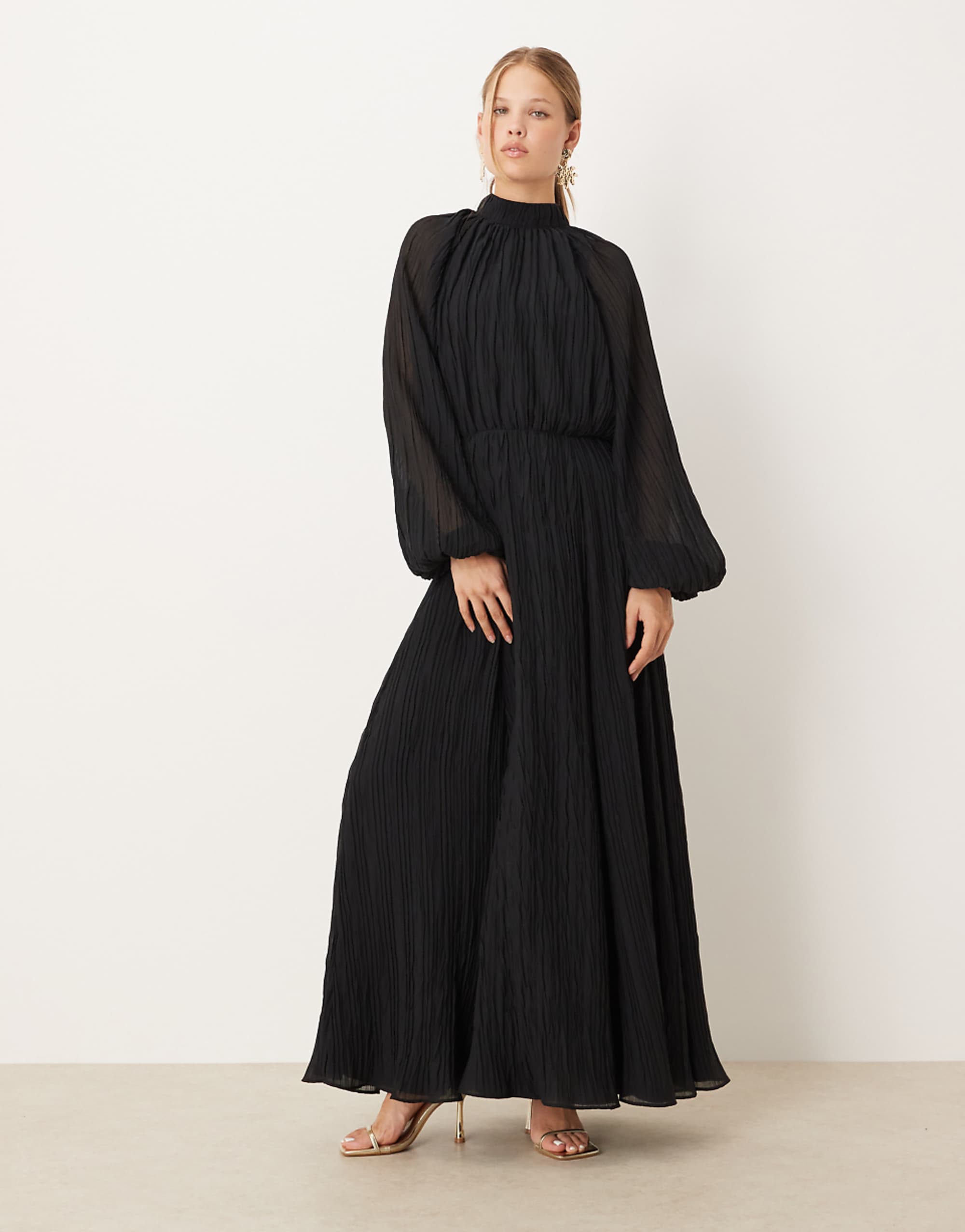 Asos Design High Neck Crinkle Maxi Dress With Blouson Sleeve in Black