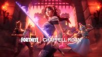 Pop star Chappell Roan carrying a glowing sword in front of popular Fortnite characters