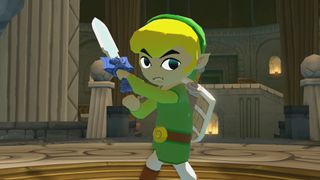 Link holding the Master Sword in The Legend of Zelda: Wind Waker