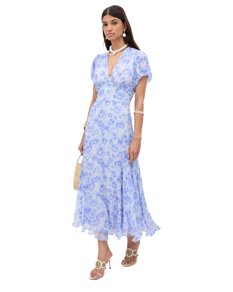 model wearing a floral print dress, rixo