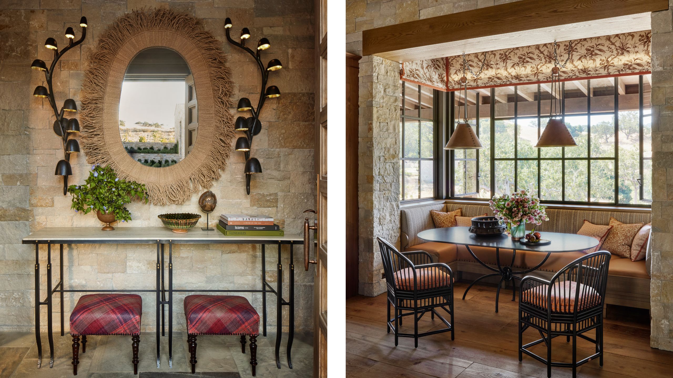 two side by side images of a rustic stone entryway with mirror, sconces, table and 2 plaid stools and a breakfast nook built into a modern bay window