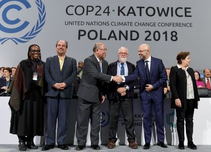 Climate negotiators celebrate reaching a deal in Poland