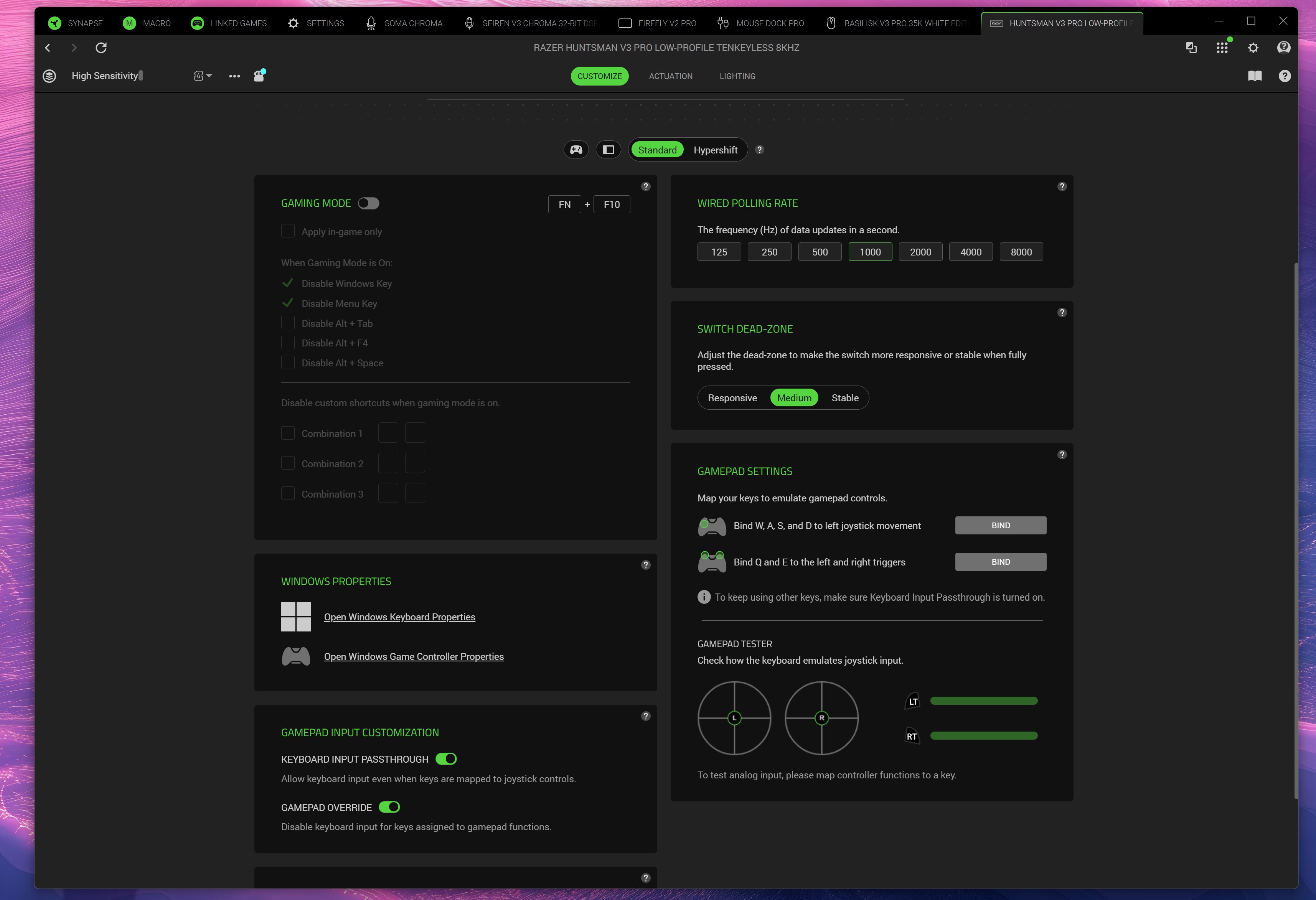 Razer Synapse customizes the menu for the Razer Huntsman V3 Pro Low-Profile keyboard, showing the polling rate and gamepad keybind settings.