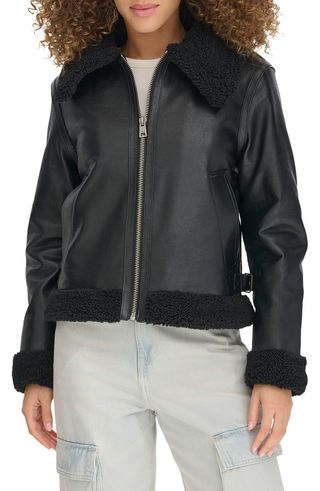 Faux Leather Jacket With Faux Shearling Lining