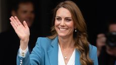 Catherine, Princess of Wales waves as she visits the Piazza Camillo Prampolini where she is welcomed to the city at Reggio Emilia&rsquo;s Town Hall