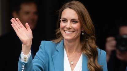 Catherine, Princess of Wales waves as she visits the Piazza Camillo Prampolini where she is welcomed to the city at Reggio Emilia&rsquo;s Town Hall