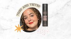 An image of Senior Beauty Editor Rhiannon Derbyshire with pristine makeup, alongside an image of the Huda Beauty Easy Bake Setting Spray