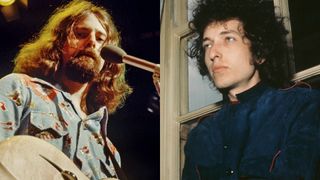 LEFT: Roger McGuinn from The Byrds performs live on stage in London in 1971 RIGHT: Bob DYLAN; posed at Mayfair Hotel 1966