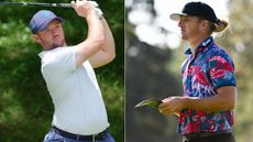 Sam Horsfield hits a tee shot with a driver, Morgan Hoffman walks off the green holding a yardage book