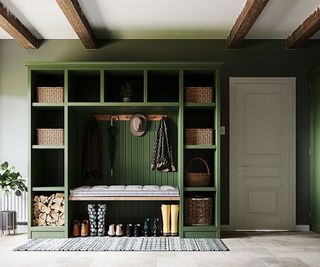 green hallway storage unit with seating