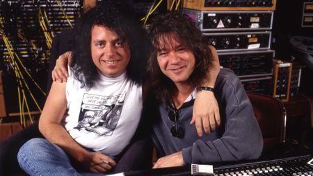 Photo of Eddie VAN HALEN and Steve LUKATHER and Eddie VAN HALEN; L-R. Steve Lukather, Eddie Van Halen