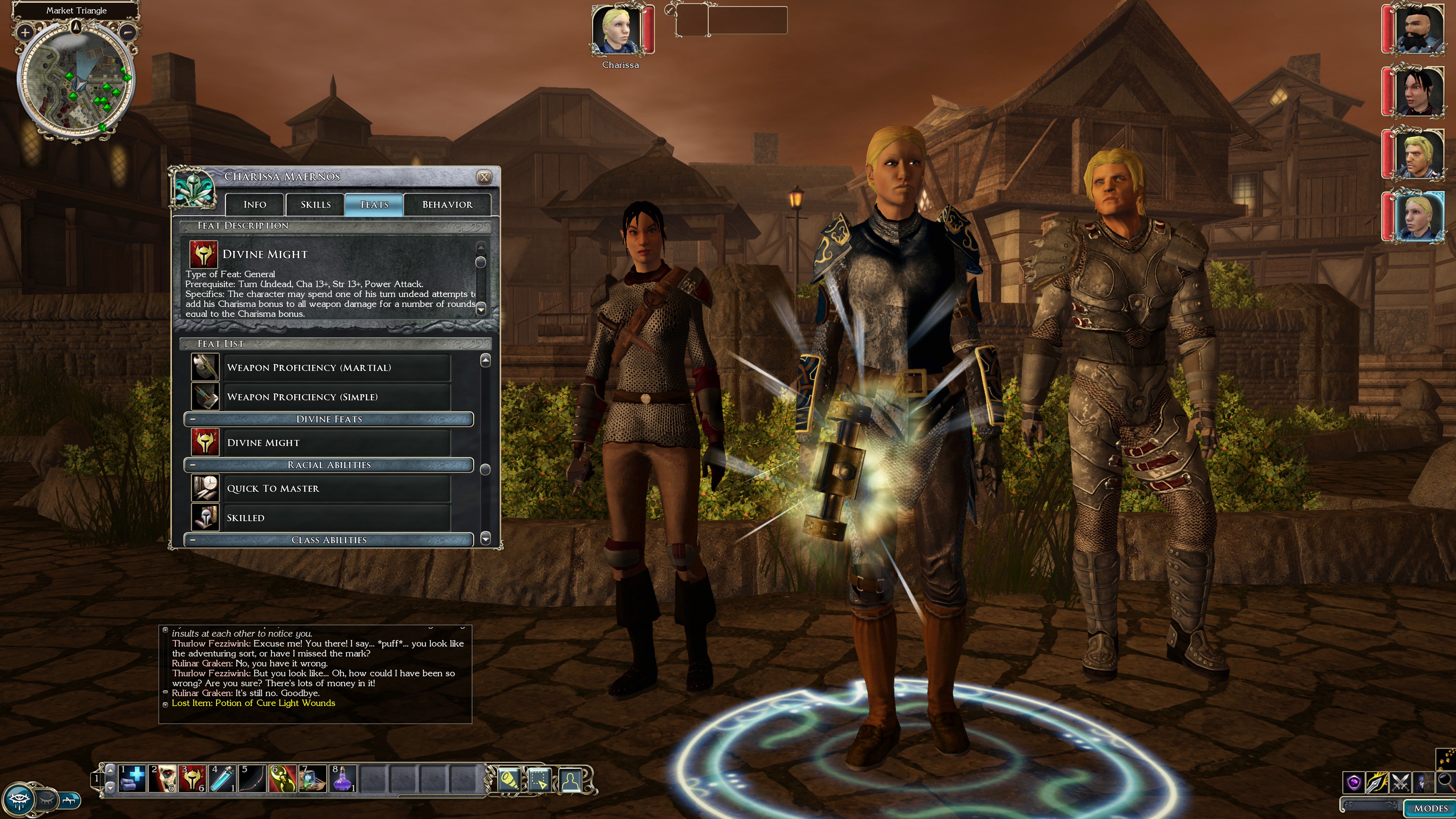 Neverwinter Nights 2 Enhanced Edition screenshot showing party lineup and character page UI