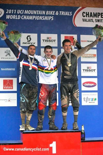 Elite men's downhill podium (l-r): Damien Spagnolo (France), Danny Hart (Great Britain), Samuel Blenkinsop (New Zealand)