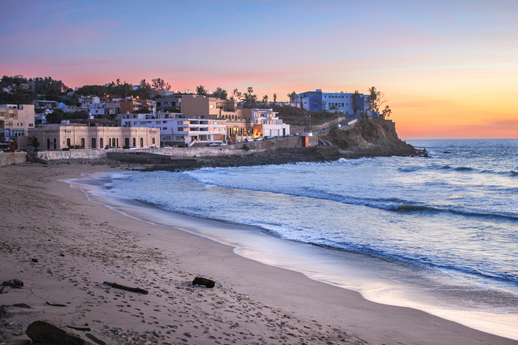 Looking at the seaside peninsula in historic downtown Mazatlan at dusk