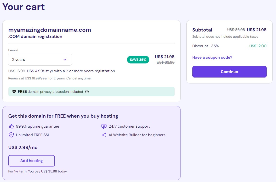 Hostinger's domain shopping cart