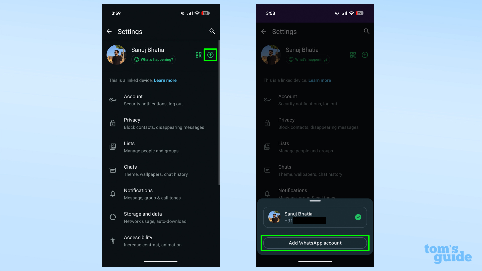 Screenshots showing how to add a second account on WhatsApp