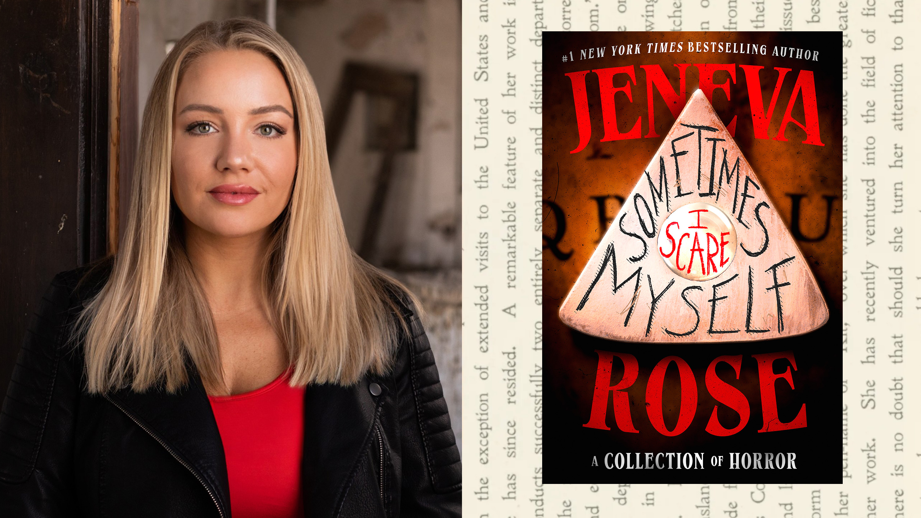 a split image of author jeneva rose's headshot of her wearing a red top and black blazer opposite the cover of her horror book sometimes i scare myself