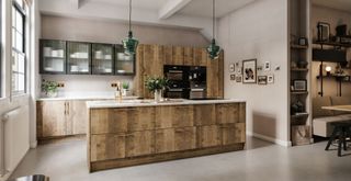 sustainable wooden kitchen with reeded glass display cabinets to show key interior design trends 2023