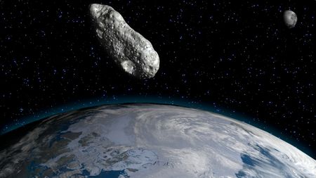 An illustration showing an asteroid flying past Earth with the moon in the background