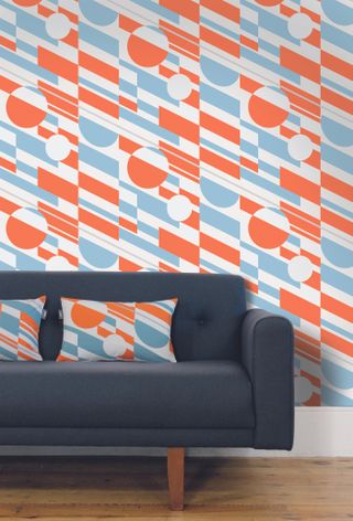 blue, orange and white wallpaper with bold pattern by mini moderns
