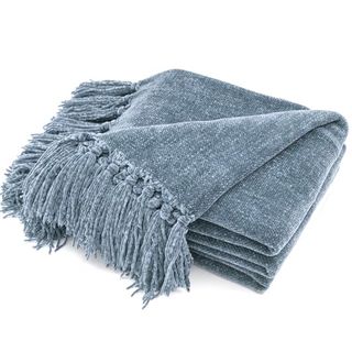 Recyco Chenille Throw Blanket With Tassels Soft Cozy Sofa Chair Bed Gift, 152x127cm, Dusty Blue