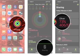 Launching Fitness To Challenge A Friend To An Activity Competition on iPhone: Launch Fitness, tap the sharing tab, tap the person you want to challenge.