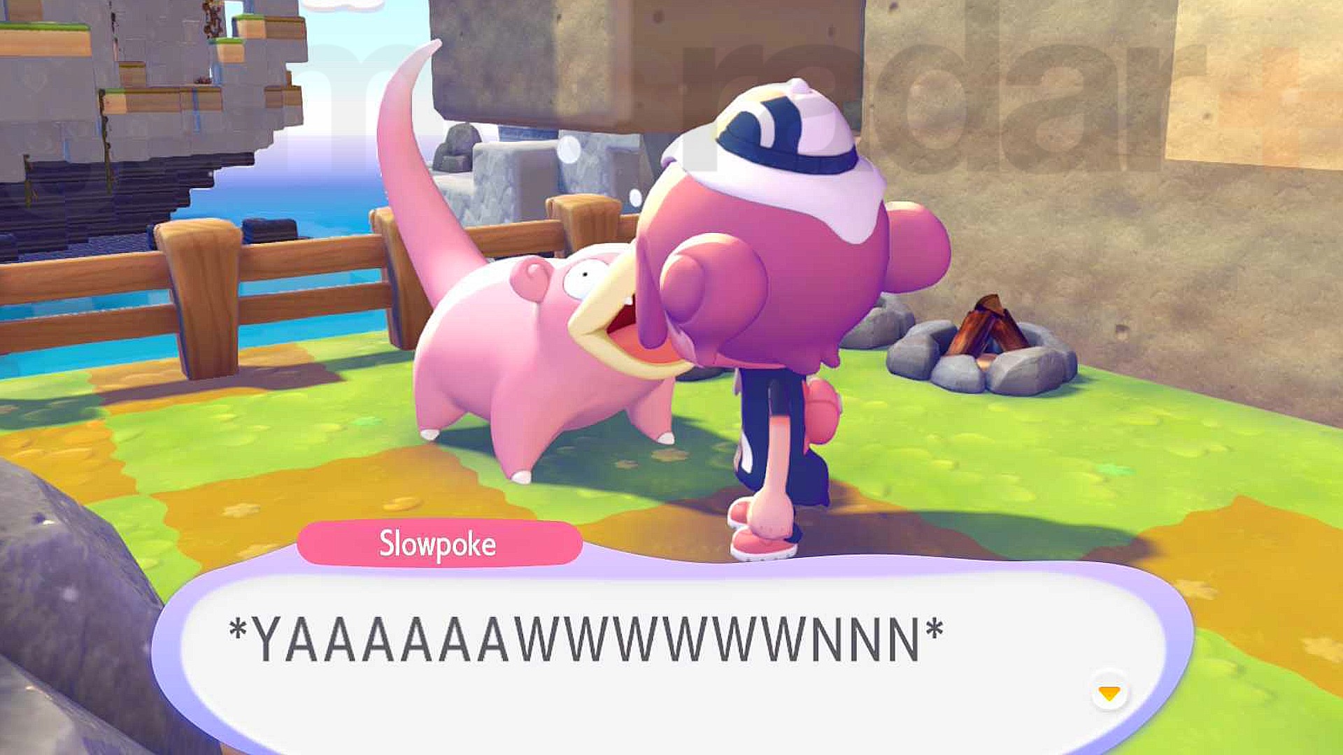 A Slowpoke yawns to tell the humidity level of the area in Pokemon Pokopia.