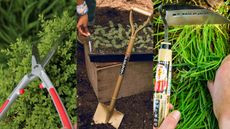 A three-panel image of the best japanese gardening tools; ARS shears, a Niwaki Golden Spade, and a weeding sickle