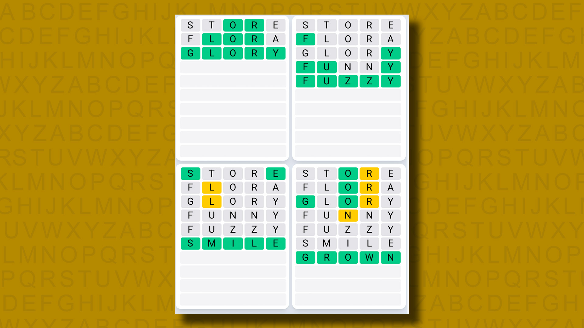 Quordle Daily Sequence answers for game 1291 on a yellow background
