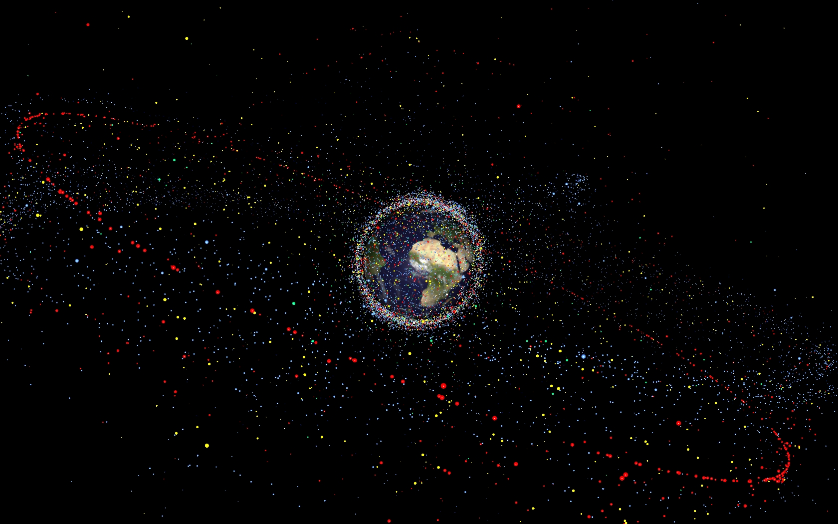 A graphic showing human-made objects in orbit around the Earth — the red dots represent satellites.
