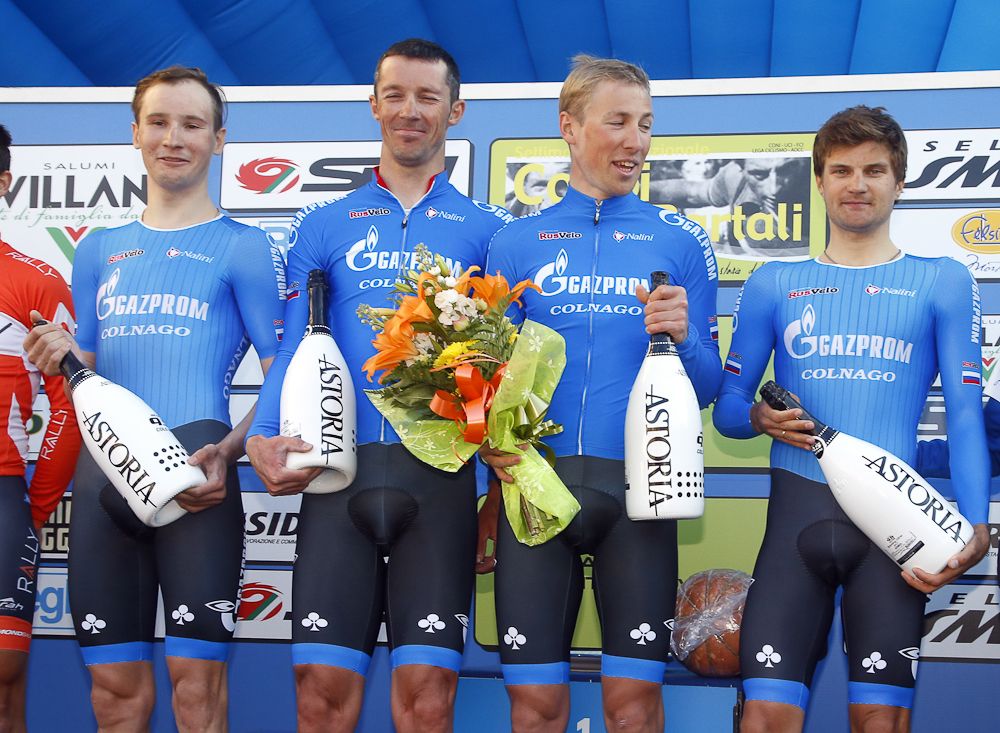 Gazprom-RusVelo on the stage 1b podium