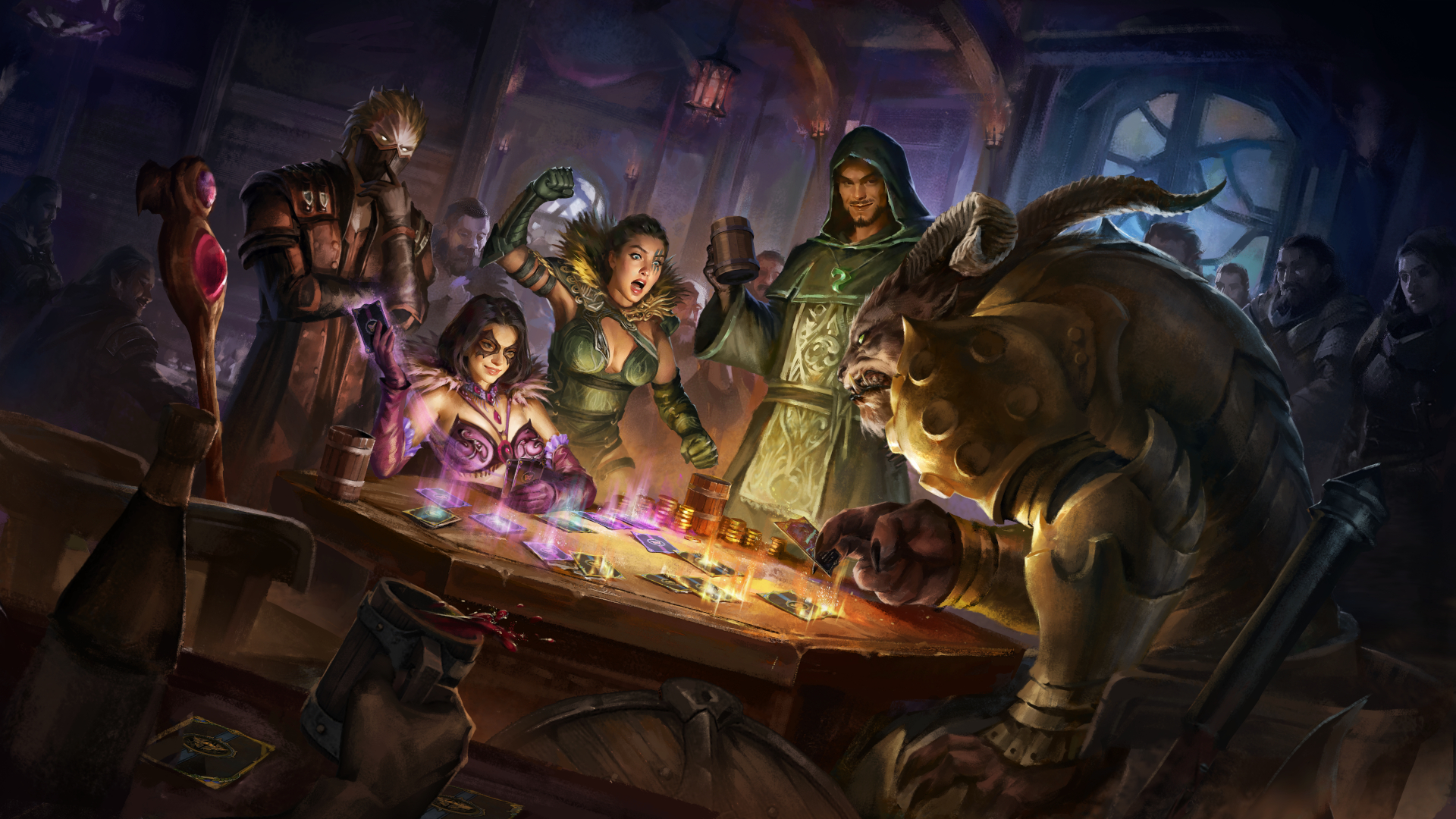 A group of fantasy characters enthusiastically play a card game around a tavern table.