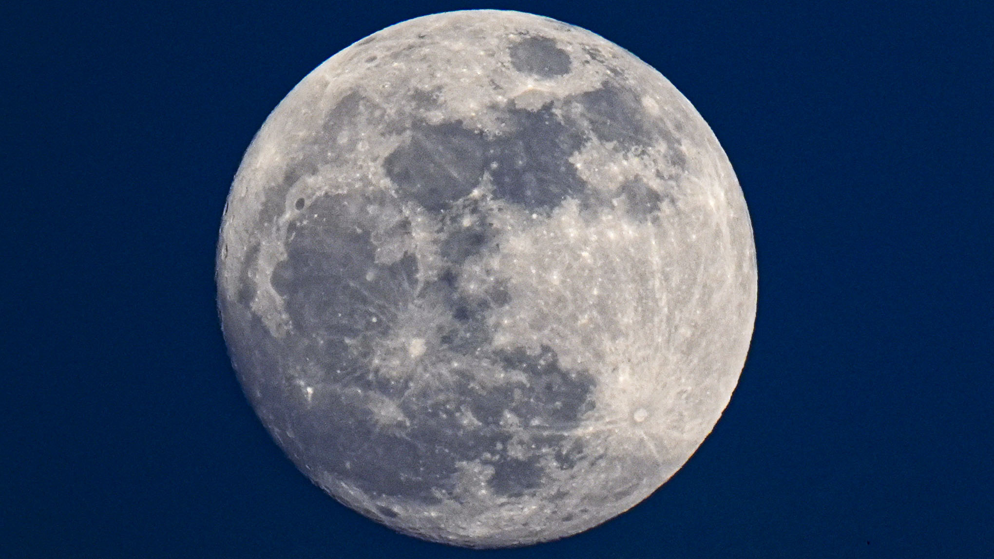 The April 12 full 'Flower Moon' is pictured against a dark blue sky. The lunar disk is marked by ancient, basaltic plains known as 'maria', and bright impact material.