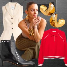 collage of Los Angeles fashion stylist Serra Geris posing wearing statement yellow-gold jewelry, a neutral tank top, and olive green pants alongsideReplica Store picks like a cream Reformation vest top, Madewell black studded ankle boots, red mango polo sweater and Cult Gaia pearl and gold chunky earrings