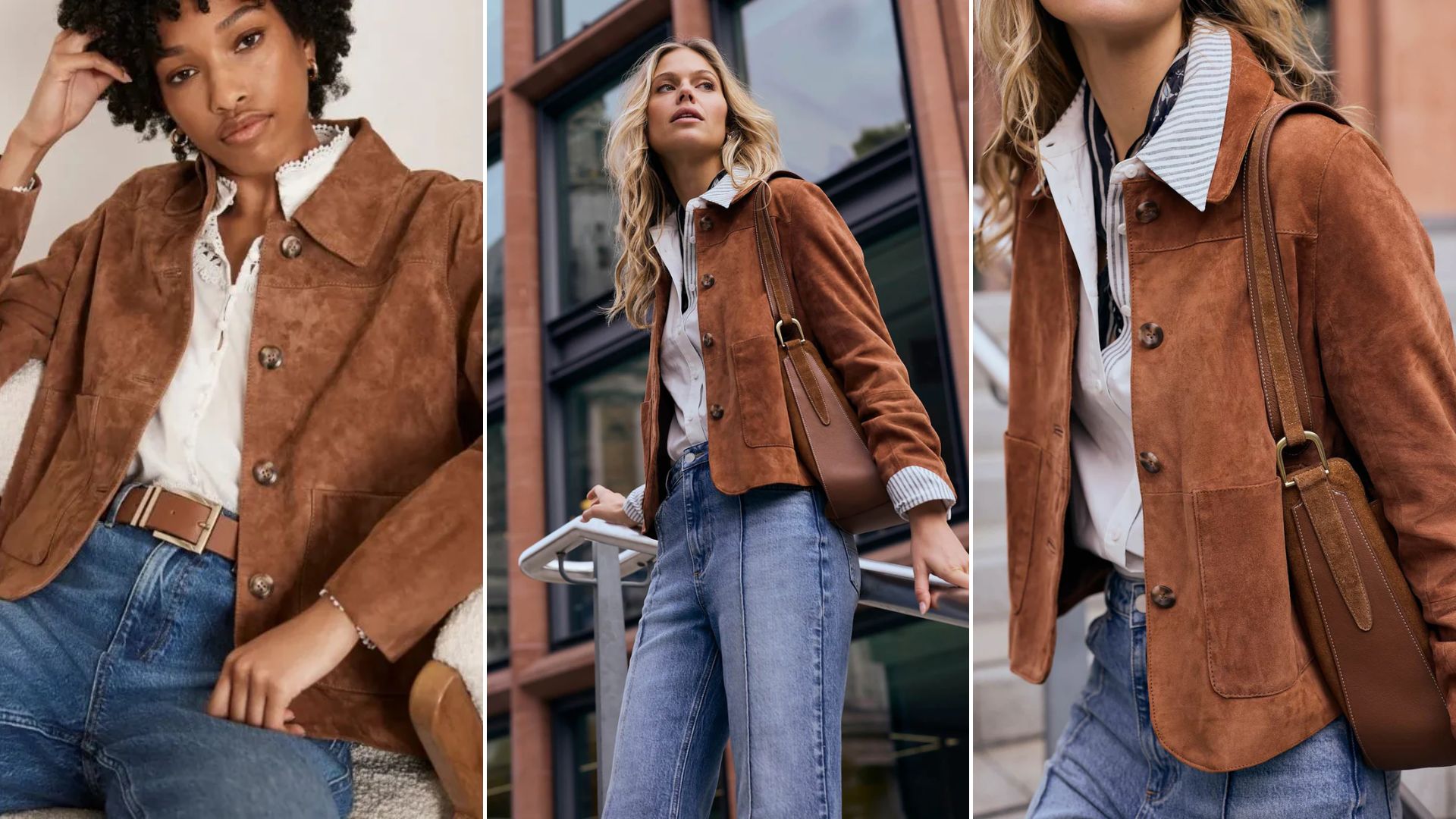 Three images of the Mint Velvet Tan Suede Jacket on models