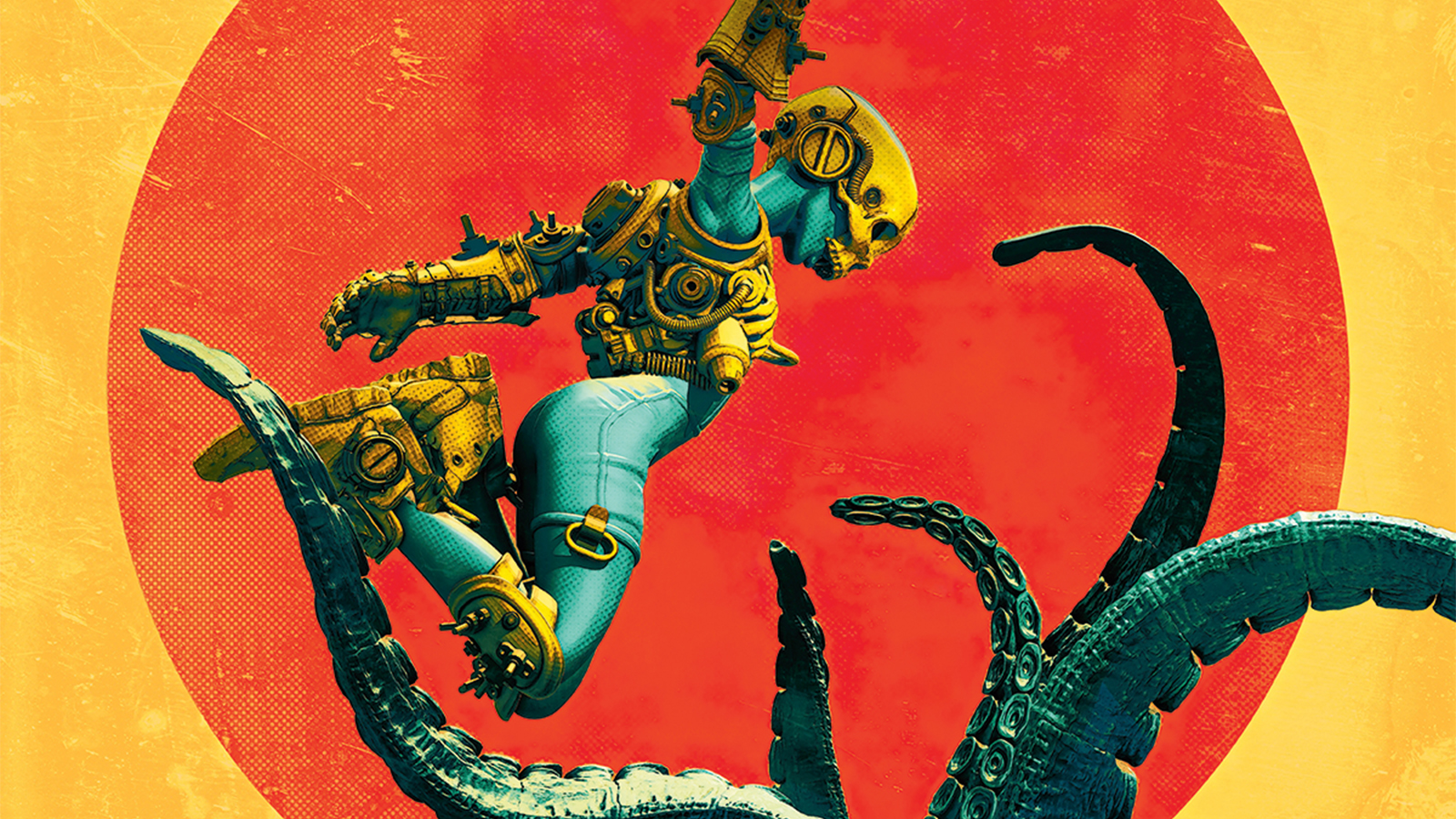 A blue alien woman jumps at tentacles