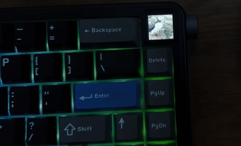 A GIF of a puffin on an Epomaker HE65 Mag's screen
