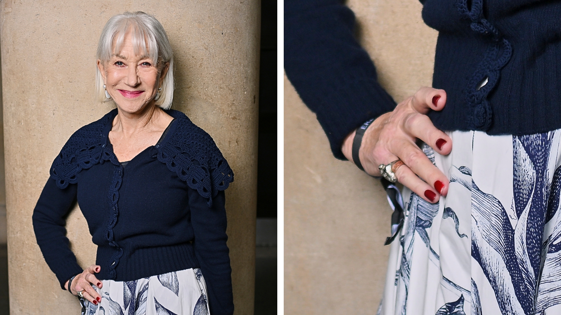 On the left, is a picture of Dame Helen Mirren wearing a blue cardigan and blue and white floral skirt, with a red manicure at the Erdem show during London Fashion Week February 2026 at The British Museum on February 22, 2026 in London, England. And on the right, is a close-up of the same picture, zoomed in on her hand to show her red manicure in more detail.