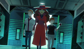 Carmen Sandiego walking into a room with two kids tagging along