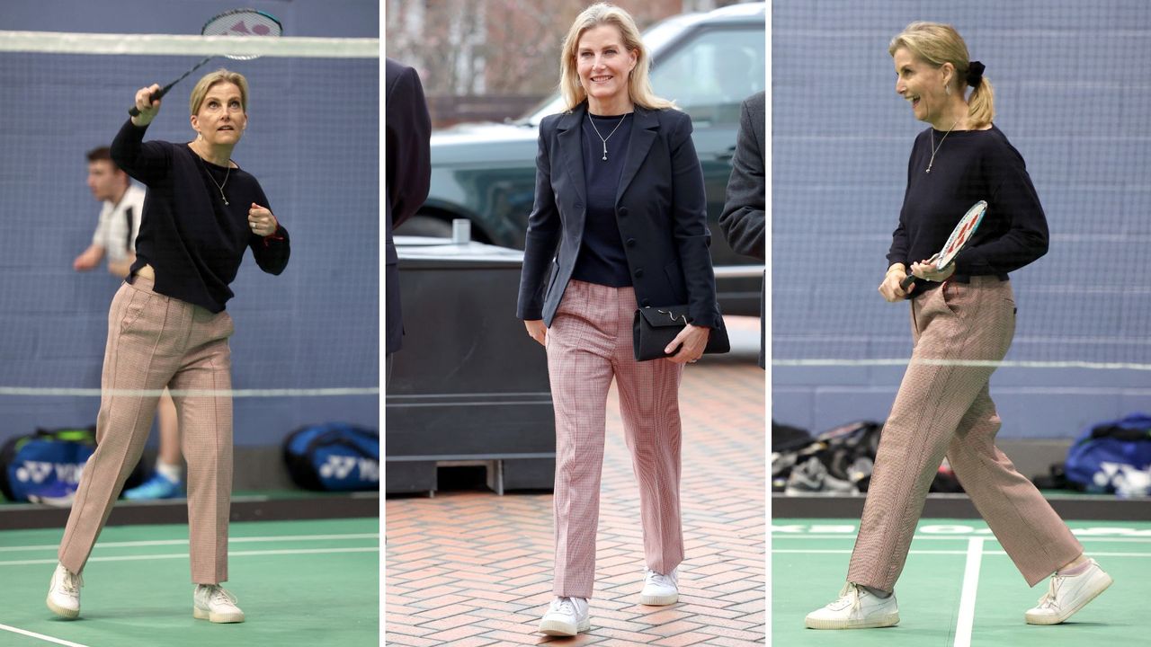 Composite of three pictures of Duchess Sophie wearing Puma trainers at the All England Open Badminton Championships on March 14, 2024