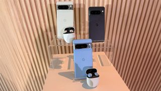 All three Google Pixel 8 Pro colors with the new Pixel Buds Pro colors