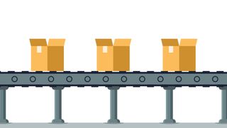 Concept image showing a cartoon conveyor belt with open boxes passing along.