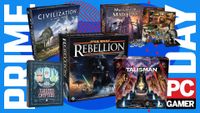 A collection of board games on a blue and red Prime Day Deals background, with the PC Gamer logo in the bottom right