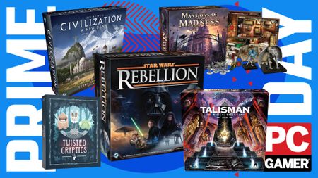 A collection of board games on a blue and red Prime Day Deals background, with the PC Gamer logo in the bottom right