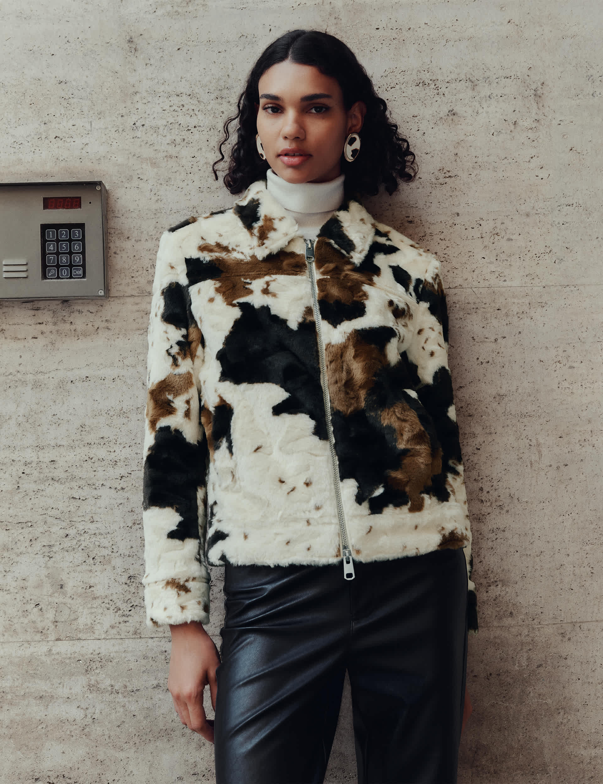 Faux Fur Cow Print Trucker Jacket