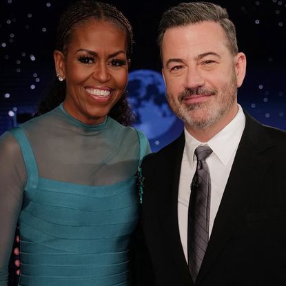 Michelle Obama stopped by Jimmy Kimmel Live in a semi-sheer Herve Leger bandage dress