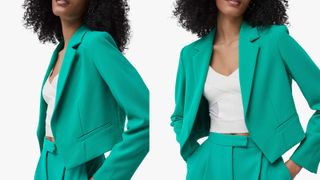 best blazer for women include cropped style blazer in green from French Connection