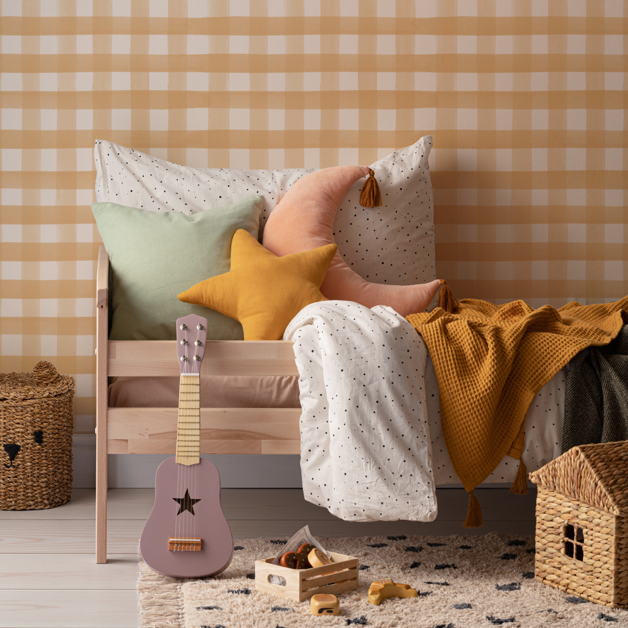 A kids bedroom with gingham wallpaper from Hovia