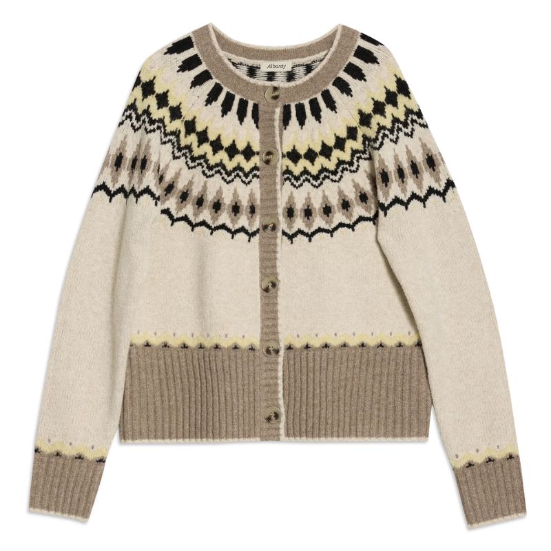 A cutout of a beige, black and cream Albaray Fair Isle Cardigan