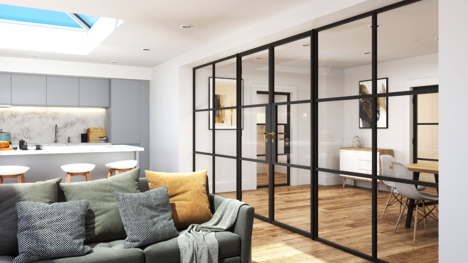 Contemporary space with Korniche glass partition doors from kitchen, living area into dining area